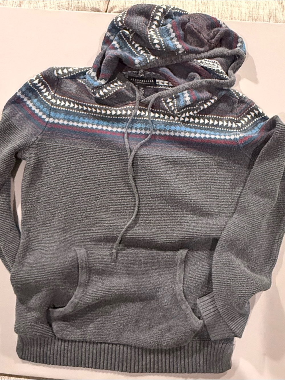 Aeropostale Men's Charcoal Hooded Sweater with Fair Isle Yoke